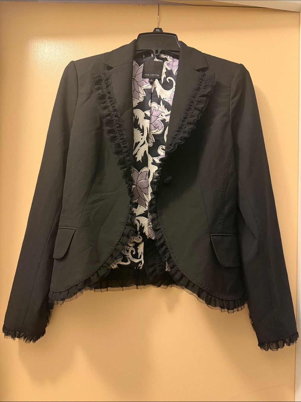 The Limited Black Ruffle-Trim Blazer with Floral Print Lining